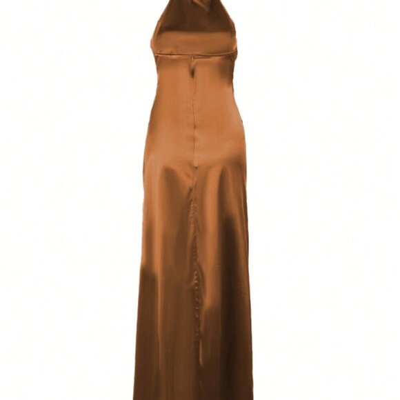 Orange Sexy Women's Sleeveless Plunging Neck Split Hem Bodycon Dress - Picture 3 of 4